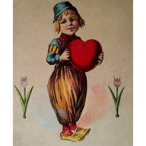 Valentine Postcard Dutch Child Wooden Shoes Holds Heart Tulips Flowers 6704
